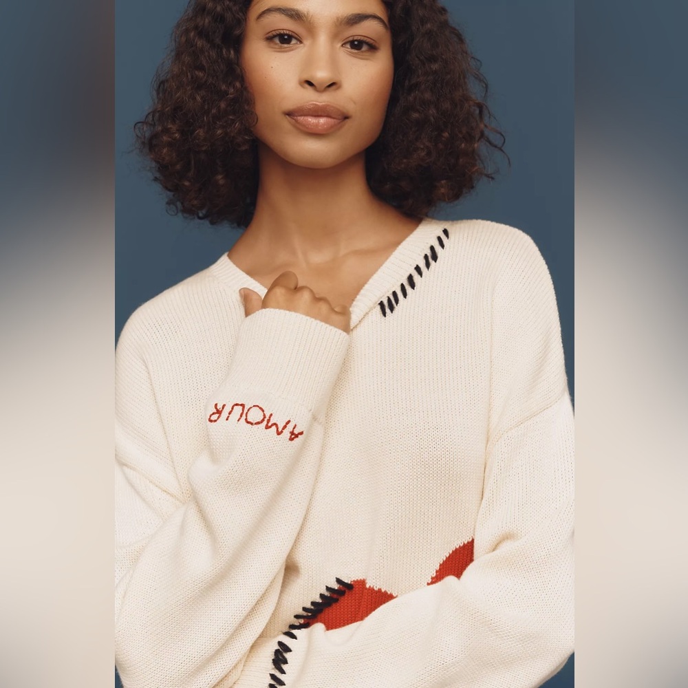 Anthropologie Maeve Crew-Neck Whipstitch Heart Icon Sweater size medium - Picture 4 of 9